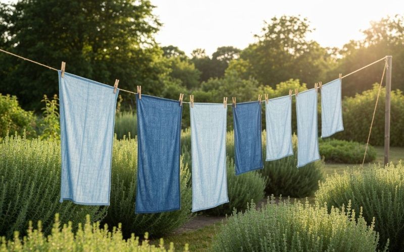 A clothes line in a country garden. A clothes line is set up with various pieces of rectangular cloth clipped to it, each a different shade of indigo blue.