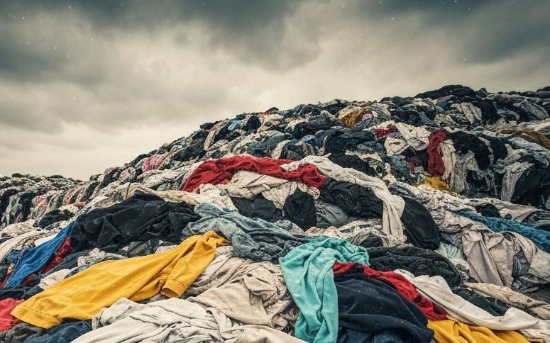 Piles of dingy, discarded clothing in a landfill site, grey cloudy skies above.